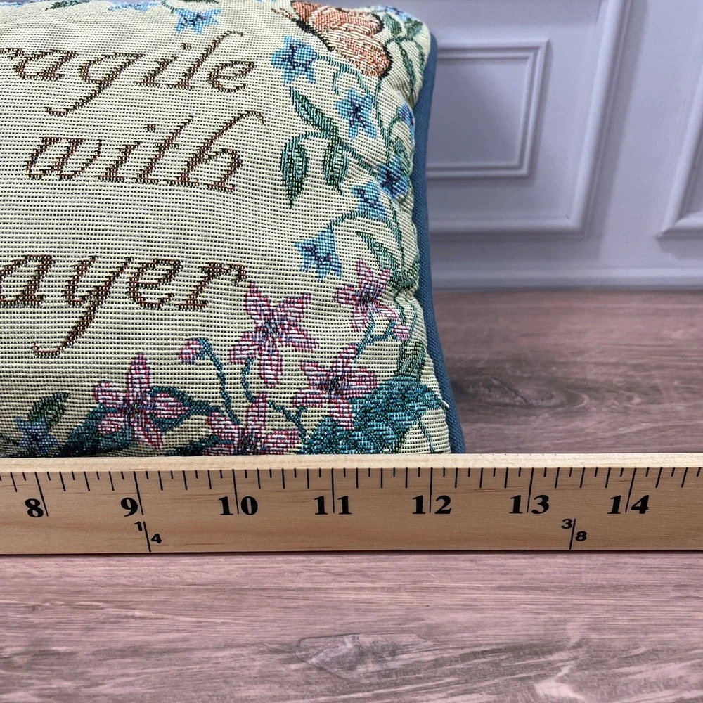 Tapestry Accent Pillow Life is Fragile Handle with Prayer Floral Blue Spring